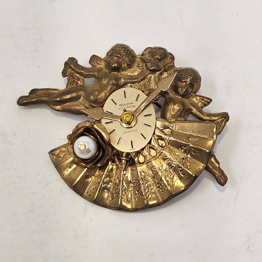 Angel Fan Faux Clock Brooch Pin Handcrafted Artisan Art Nouveau Style Steampunk